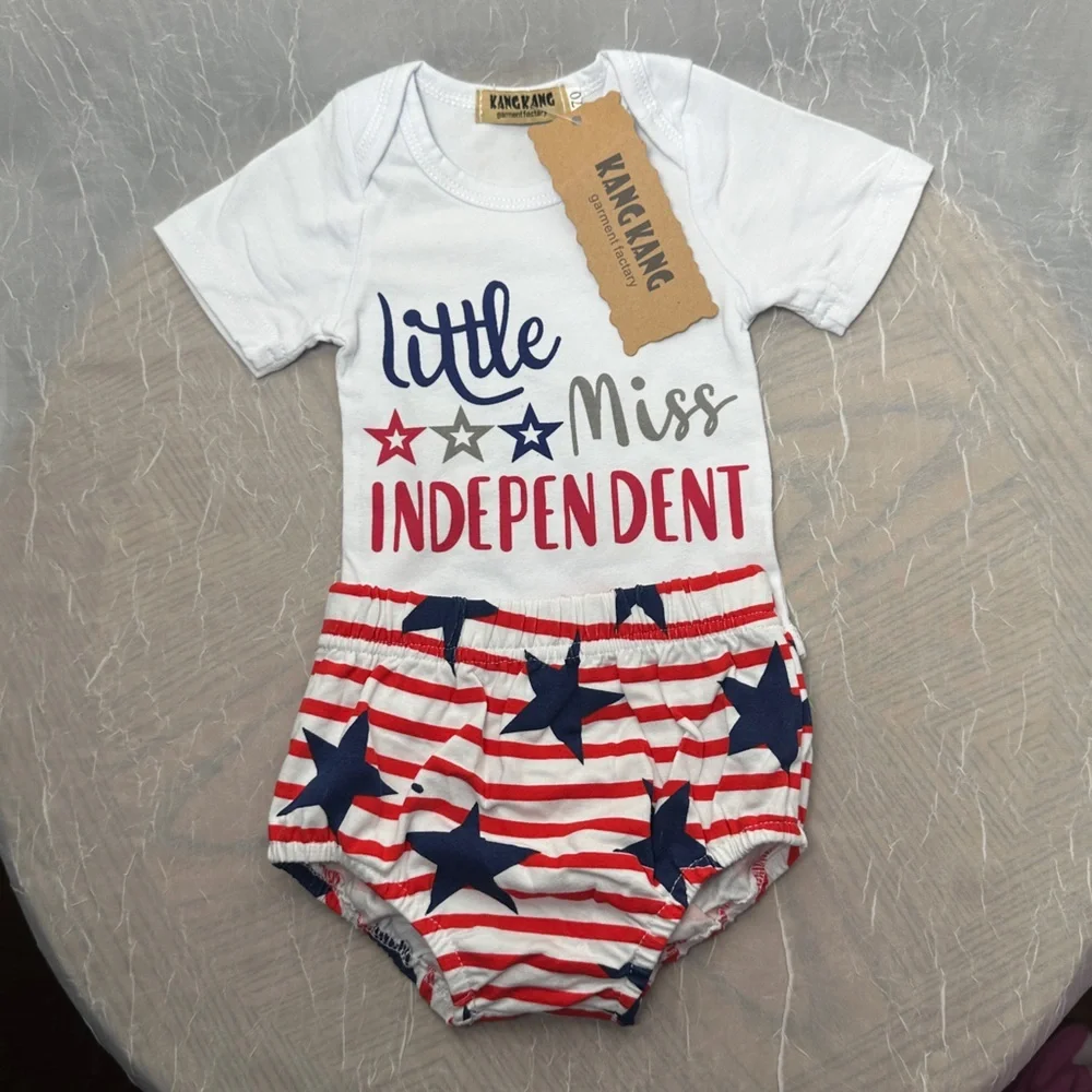 3/$20💥 Red‎ White & Blue Stars & Stripes Little Miss Independent Newborn Outfit
